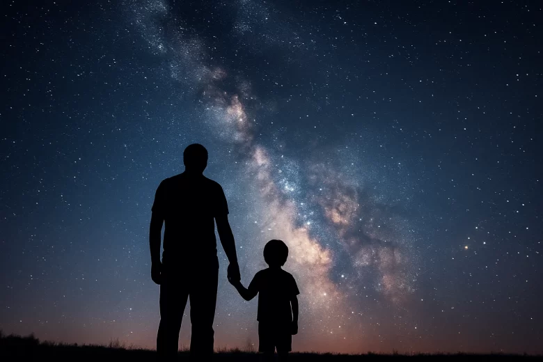Pai e filho observando a Via Láctea em um destino de astroturismo com crianças no Brasil.