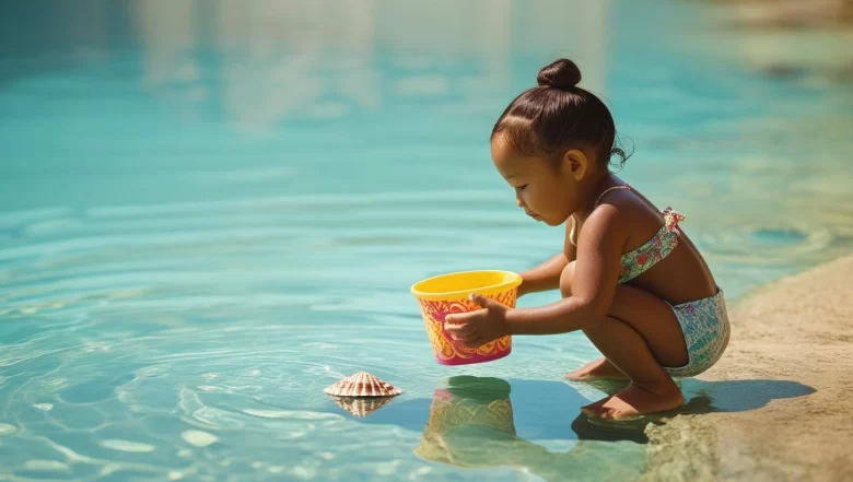 Criança de 3 anos brincando na areia durante uma viagem em família para um destino no Brasil.