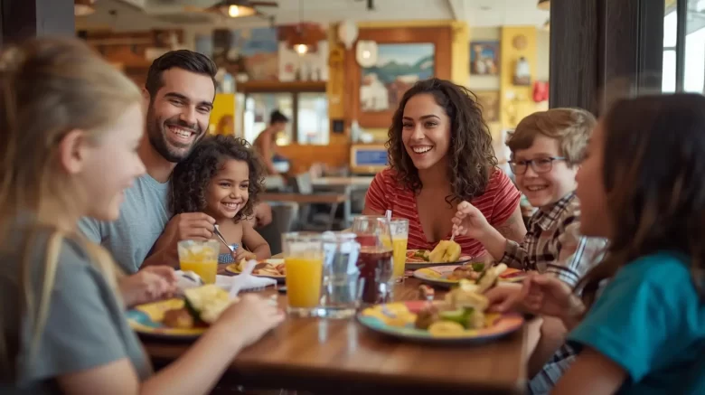 Família com crianças jantando em um restaurante kids friendly em Balneário Camboriú.
