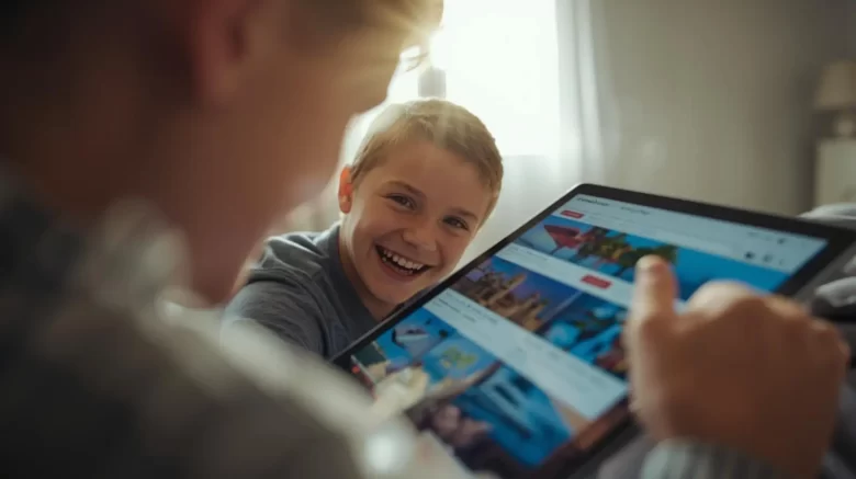 Mãe e pai sorrindo mostram um destino de viagem no laptop para os filhos, planejando a compra na Black Friday