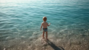 Criança pequena de costas brincando na beira da água em uma das praias para crianças em SC, com mar calmo e cristalino.